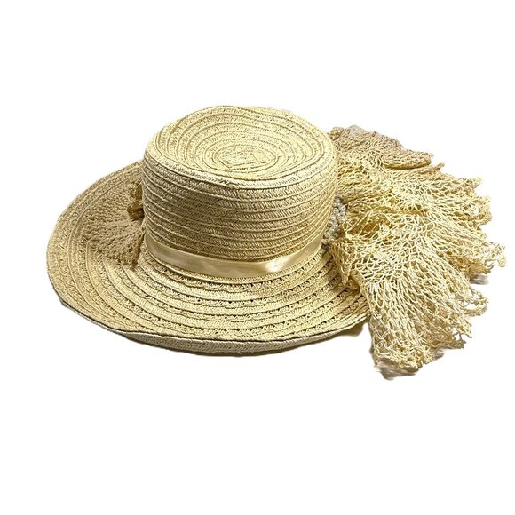 Upcycled Vintage Straw Hat with Doily and Pearls - Picture 9 of 12